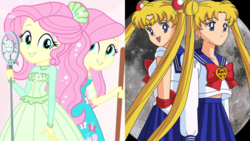 Size: 3643x2048 | Tagged: safe, screencap, fluttershy, equestria girls, g4, my little pony equestria girls: better together, so much more to me, clothes, comparison, cute, dress, duality, female, high res, sailor moon (series), shyabetes, tsukino usagi