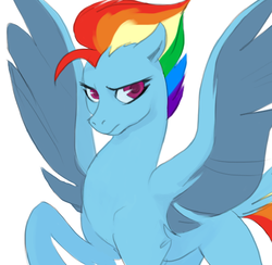 Size: 544x530 | Tagged: safe, artist:ehfa, rainbow dash, pegasus, pony, g4, female, g5 concept leak style, g5 concept leaks, looking at you, mare, rainbow dash (g5 concept leak), simple background, solo, spread wings, white background, wings