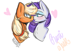Size: 900x618 | Tagged: safe, artist:tehgamingcherryyt, applejack, rarity, earth pony, pony, unicorn, g4, boop, bust, cowboy hat, duo, female, hat, heart, lesbian, mare, mutual booping, noseboop, ship:rarijack, shipping, simple background, white background