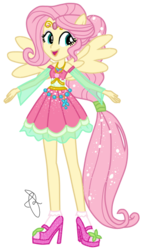 Size: 314x534 | Tagged: safe, artist:ilaria122, part of a set, fluttershy, equestria girls, g4, alternate hairstyle, ankle socks, clothes, dress, element of kindness, female, frilly socks, geode of fauna, guardian, high heels, jewelry, mary janes, necklace, open mouth, ponied up, shoes, simple background, socks, solo, transparent background