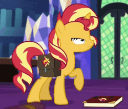 Size: 498x426 | Tagged: safe, screencap, sunset shimmer, pony, unicorn, equestria girls, equestria girls specials, g4, mirror magic, animated, cropped, cute, excited, eyes on the prize, female, gif, grin, happy, journal, levitation, looking up, magic, mare, open mouth, raised hoof, raised leg, saddle bag, shimmerbetes, smiling, solo, squee, telekinesis, twilight's castle, wide eyes