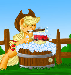 Size: 800x849 | Tagged: safe, artist:exelzior, apple bloom, applejack, earth pony, pony, g4, bath, bathing, bathtub, brush, brushie, cowboy hat, cute, female, fence, filly, forced bathing, hat, looking at you, mare, mouth hold, obtrusive watermark, outdoors, sisters, unamused, watermark