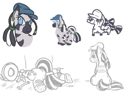 Size: 1084x810 | Tagged: safe, artist:jargon scott, oc, oc only, oc:carjack, pony, zebra, bust, car, car jack, female, hat, mare, mechanic, prone, rear view, scrunchie, simple background, sitting, solo, squatpony, squatzebra, white background, wrench, zebra oc