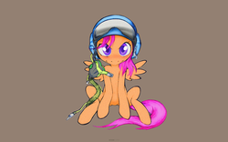 Size: 1920x1200 | Tagged: safe, artist:darkdoomer, scootaloo, pegasus, pony, g4, brown background, female, filly, helmet, looking at you, mask, oxygen mask, pilot, scootaloo can fly, simple background, sitting, solo, wallpaper, widescreen