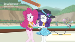 Size: 2208x1242 | Tagged: safe, screencap, pinkie pie, rarity, equestria girls, g4, my little pony equestria girls: better together, the salty sails, clothes, duo, lifejacket, one-piece swimsuit, rarity's blue sarong, sarong, swimsuit