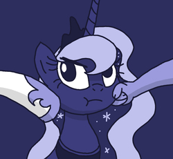 Size: 592x545 | Tagged: safe, artist:manulis, discord, princess luna, pony, g4, :t, blue background, bust, cheek squish, cute, female, filly, glare, implied princess celestia, looking at you, lunabetes, monochrome, portrait, puffy cheeks, simple background, solo focus, squishy cheeks, unamused, woona, younger