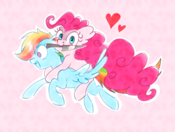 Size: 3475x2608 | Tagged: safe, artist:pinkablue, pinkie pie, rainbow dash, earth pony, pegasus, pony, g4, abstract background, blushing, ear fluff, female, flying, heart, high res, knife, lesbian, mare, mouth hold, pinkie pie riding rainbow dash, ponies riding ponies, riding, ship:pinkiedash, shipping, this will end in cupcakes, white outline, yandere, yandere pie