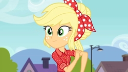 Size: 1280x720 | Tagged: safe, screencap, applejack, human, equestria girls, five to nine, g4, my little pony equestria girls: better together, alternate hairstyle, clothes, country, houses, jacket, mountain, sky, solo, tree, working