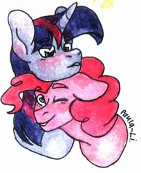 Size: 808x989 | Tagged: safe, artist:paula-li, pinkie pie, twilight sparkle, pony, g4, blushing, duo, female, lesbian, mare, ship:twinkie, shipping, traditional art