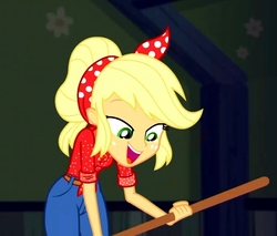 Size: 741x632 | Tagged: safe, screencap, applejack, human, equestria girls, five to nine, g4, my little pony equestria girls: better together, alternate hairstyle, broom, cleaning, clothes, country, cropped, female, jacket, jeans, pants, solo, working