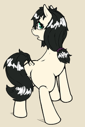 Size: 500x750 | Tagged: safe, artist:keeponhatin, oc, oc only, oc:floor bored, earth pony, pony, bags under eyes, blank flank, butt, dock, featureless crotch, female, looking at you, looking back, looking back at you, mare, neet, plot, rear view, scrunchie, simple background, solo, yellow background