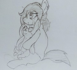 Size: 2569x2340 | Tagged: safe, artist:shpace, oc, oc only, oc:floor bored, oc:raggie, earth pony, original species, pony, clothes, crying, ear clip, female, grayscale, high res, hoodie, hug, mare, monochrome, neet, plushie, sad, simple background, sitting, traditional art