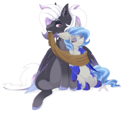 Size: 1024x996 | Tagged: safe, artist:pvrii, oc, oc:midnight radiance, bat pony, pony, bat pony oc, clothes, female, male, mare, oc x oc, scarf, shipping, simple background, smiling, stallion, straight, transparent background