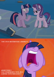 Size: 945x1350 | Tagged: safe, edit, edited screencap, editor:korora, screencap, starlight glimmer, twilight sparkle, alicorn, pony, g4, once upon a zeppelin, school daze, angry, book, book abuse, cropped, eea rulebook, text, that pony sure does love books, twilight sparkle (alicorn), water