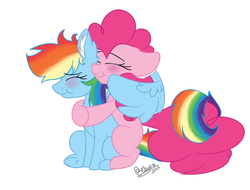 Size: 600x457 | Tagged: safe, artist:tehgamingcherryyt, pinkie pie, rainbow dash, g4, cuddling, female, hug, lesbian, ship:pinkiedash, shipping, simple background, white background, winghug