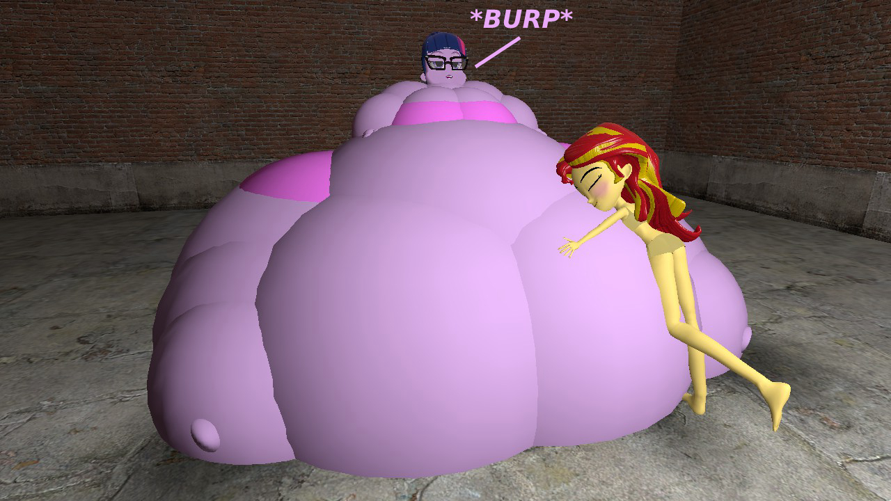 1691455 - suggestive, artist:bluebot888, sci-twi, sunset shimmer, twilight  sparkle, equestria girls, 3d, ass, bbw, belly, belly bed, belly button, big  breasts, blushing, breasts, burp, butt, chubby cheeks, clothes, fat, fat  boobs, fat
