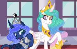 Size: 1024x655 | Tagged: safe, artist:ponycat-artist, princess celestia, princess luna, alicorn, pony, g4, alternate design, colored wings, crown, curved horn, female, gradient wings, horn, horn pattern, jewelry, raised hoof, regalia, royal sisters, sisters