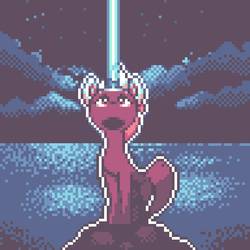 Size: 768x768 | Tagged: safe, artist:theratedrshimmer, fizzlepop berrytwist, tempest shadow, pony, unicorn, g4, my little pony: the movie, beam, broken horn, female, glowing horn, horn, looking up, magic, mare, no mouth, pixel art, solo