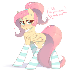 Size: 3000x3000 | Tagged: safe, artist:fensu-san, fluttershy, pegasus, pony, g4, adorasexy, alternate hairstyle, bronybait, clothes, cute, dialogue, female, high res, looking at you, looking back, looking back at you, mare, sexy, shyabetes, simple background, socks, solo, stockings, striped socks, text, thigh highs, white background