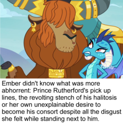 Size: 922x944 | Tagged: safe, screencap, prince rutherford, princess ember, dragon, yak, g4, school daze, cloven hooves, disgusted, female, flirting, halitosis, male, ponestrip, smell