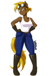 Size: 3333x5100 | Tagged: safe, artist:danmakuman, oc, oc only, oc:golden gear, unicorn, anthro, plantigrade anthro, armpits, boots, breasts, cleavage, clothes, commission, female, gloves, goggles, hand on hip, looking at you, mare, shoes, simple background, smiling, solo, tank top, transparent background
