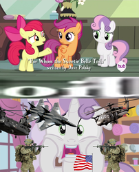 Size: 852x1052 | Tagged: safe, edit, edited screencap, screencap, apple bloom, scootaloo, sweetie belle, for whom the sweetie belle toils, g4, cutie mark crusaders, female, filly, meme, oil, usa invade for oil, wat
