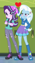Size: 2096x3728 | Tagged: safe, artist:favoriteartman, artist:rodan00, artist:sketchmcreations, artist:themexicanpunisher, starlight glimmer, trixie, equestria girls, equestria girls series, equestria girls specials, forgotten friendship, g4, mirror magic, beanie, canterlot high, clothes, crossed arms, duo, female, hat, heart, high res, lesbian, ship:startrix, shipping, vest, watch