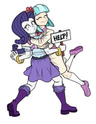 Size: 502x643 | Tagged: safe, artist:pedantczepialski, coco pommel, rarity, equestria girls, g4, alternate universe, belt, boots, clothes, equestria girls-ified, equestria girls: the parody series, eyes closed, female, happy, help, hug, looking at you, scared, shoes, sign, simple background, skirt, smiling, socks, transparent background