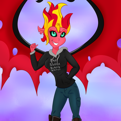 Size: 2000x2000 | Tagged: safe, artist:xethshade, sunset shimmer, equestria girls, g4, boots, casual, clothes, female, high res, hoodie, looking at you, pants, solo, sunset satan, wings