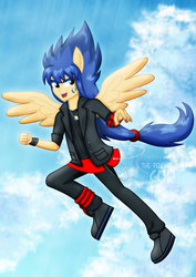 Size: 1600x2263 | Tagged: safe, artist:jucamovi1992, flash sentry, g4, flying, male, ponied up, smiling, solo, transformation, wings