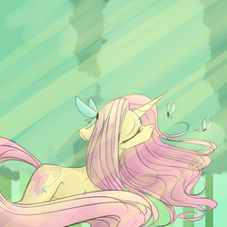 Size: 1000x1000 | Tagged: safe, artist:royalwolf1111, fluttershy, butterfly, pony, unicorn, g4, concave belly, eyes closed, female, flowing mane, fluttershy (g5 concept leak), forest, g5 concept leak style, g5 concept leaks, long mane, long tail, mare, slender, solo, tail, thin, unicorn fluttershy, watermark, windswept mane, windswept tail