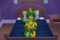 Size: 3000x2000 | Tagged: safe, artist:lockheart, oc, oc only, oc:blocky bits, pony, snake, bed, belly button, coils, female, heart, high res, kaa eyes, lying down, mind control, pillow, solo