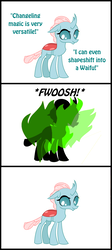 Size: 800x1780 | Tagged: safe, artist:crowley, ocellus, changedling, changeling, g4, school daze, season 8, comic, fire, funny, green fire, shapeshifting, simple background, solo, transformation, waifu, white background