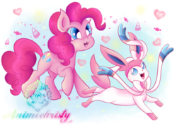 Size: 1024x731 | Tagged: safe, artist:animechristy, pinkie pie, pony, sylveon, g4, :3, candy, crossover, cute, diapinkes, duo, food, heart, open mouth, pokémon