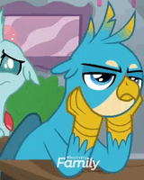 Size: 160x200 | Tagged: safe, screencap, gallus, ocellus, changedling, changeling, griffon, g4, school daze, animated, annoyed, blinking, bored, discovery family logo, duo, female, gif, male, reaction image, solo focus, unamused, upset