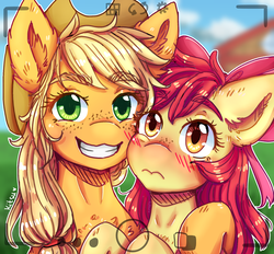 Size: 1600x1483 | Tagged: safe, artist:kitsu-chan11, apple bloom, applejack, earth pony, pony, g4, apple family, blushing, cute, female, filly, foal, mare, selfie, sisters, smiling