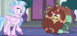 Size: 420x200 | Tagged: safe, screencap, gallus, ocellus, sandbar, silverstream, smolder, yona, changedling, changeling, classical hippogriff, dragon, griffon, hippogriff, yak, g4, school daze, animated, bumping, dragoness, female, gif, oops, ouch, rolling, tripping