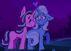 Size: 1584x1136 | Tagged: safe, artist:webcoregoth, starlight glimmer, trixie, pony, unicorn, g4, blushing, female, heart, horn, horns are touching, lesbian, mare, night, ship:startrix, shipping, smiling