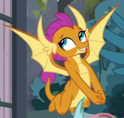 Size: 512x490 | Tagged: safe, screencap, gallus, ocellus, smolder, dragon, g4, school daze, cropped, cute, flying, grin, offscreen character, out of context, smiling, smolderbetes, solo focus, spread wings, wings