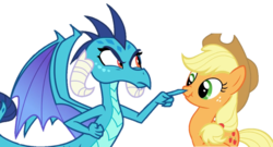 Size: 1319x714 | Tagged: safe, edit, applejack, princess ember, dragon, earth pony, pony, g4, school daze, 1000 hours in ms paint, boop, boop edit, female, not a vector, scrunchy face, simple background, transparent background