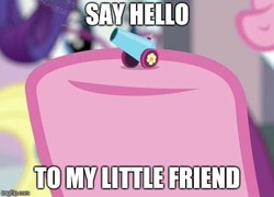 Size: 523x376 | Tagged: safe, edit, edited screencap, screencap, applejack, pinkie pie, rarity, pony, g4, school daze, ambiguous gender, cropped, hooves, image macro, meme, miniaturized, party cannon, say hello to my little friend, scarface, solo, the world's smallest party cannon, watermark