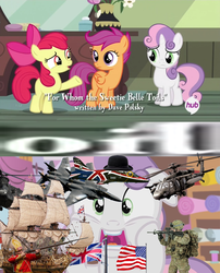 Size: 852x1052 | Tagged: safe, edit, edited screencap, screencap, apple bloom, scootaloo, sweetie belle, for whom the sweetie belle toils, g4, 18th century, british, cutie mark crusaders, flag, flintlock, meme, oil, oil for the queen, ship, usa invade for oil, wat