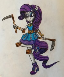 Size: 2385x2837 | Tagged: safe, artist:bozzerkazooers, rarity, equestria girls, g4, clothes, female, high heels, high res, kama, looking at you, ponied up, raised leg, shoes, simple background, skirt, solo, traditional art, weapon, white background