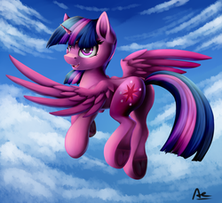 Size: 1024x939 | Tagged: safe, artist:ac-whiteraven, twilight sparkle, alicorn, pony, g4, butt, cloud, female, flying, mare, open mouth, open smile, plot, signature, sky, smiling, solo, spread wings, twibutt, twilight sparkle (alicorn), underhoof, wings