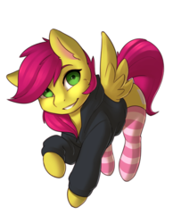 Size: 1800x2316 | Tagged: safe, artist:captainpudgemuffin, oc, oc only, oc:sweet words, pegasus, pony, clothes, commission, hoodie, looking at you, not scootaloo, simple background, smiling, socks, solo, striped socks, white background