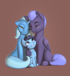 Size: 2307x2500 | Tagged: safe, artist:captainpudgemuffin, oc, oc only, oc:cobalt, oc:nightwatch, oc:serenity, pegasus, pony, unicorn, adopted offspring, commission, family, father and daughter, filly, gay, high res, male, not trixie, parents:oc x oc, simple background, smiling, stallion