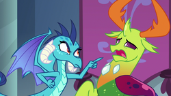 Size: 1280x720 | Tagged: safe, screencap, princess ember, thorax, changedling, changeling, dragon, g4, school daze, accusation, but we're friends, dragoness, duo, excuse, female, king thorax, male, pointing, scared, suspect, threatening