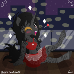 Size: 3445x3445 | Tagged: safe, artist:darkest-lunar-flower, oc, oc:neysa, pony, unicorn, blushing, city, cityscape, clothes, cloven hooves, cute, high res, pinup, see-through, see-through skirt, spots