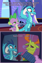 Size: 640x959 | Tagged: safe, edit, edited screencap, screencap, princess ember, spike, thorax, changedling, changeling, dragon, g4, school daze, dragon lord ember, i love lisa, king thorax, male, remote, simpsons did it, the simpsons