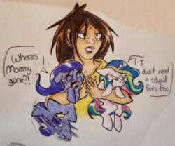 Size: 2047x1707 | Tagged: safe, artist:smirk, princess celestia, princess luna, oc, human, pony, g4, babysitting, cewestia, colored pencil drawing, cranky, crying, exhausted, female, filly, filly celestia, filly luna, foalsitter, holding a pony, pen, pouting, traditional art, woona, younger